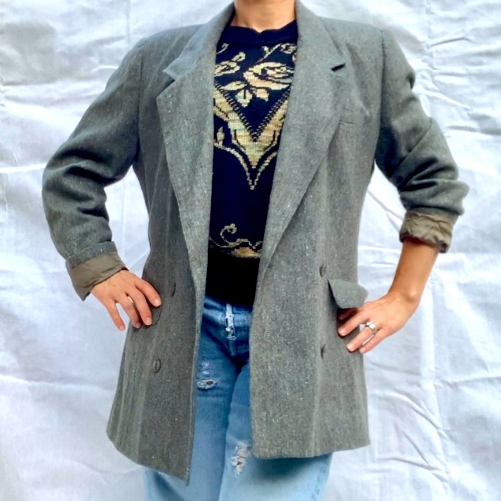 VINTAGE WOOL BLEND TWEED BLAZER SAGE GREEN LONGLINE 1980s SATIN LINED